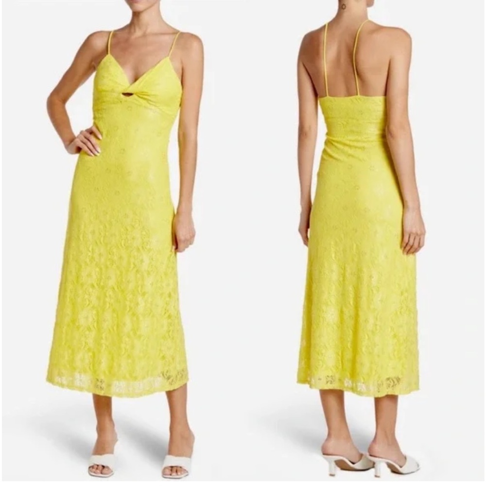 NWT- NSR Twist Front Yellow Lace Overlay Midi Dress- size XS